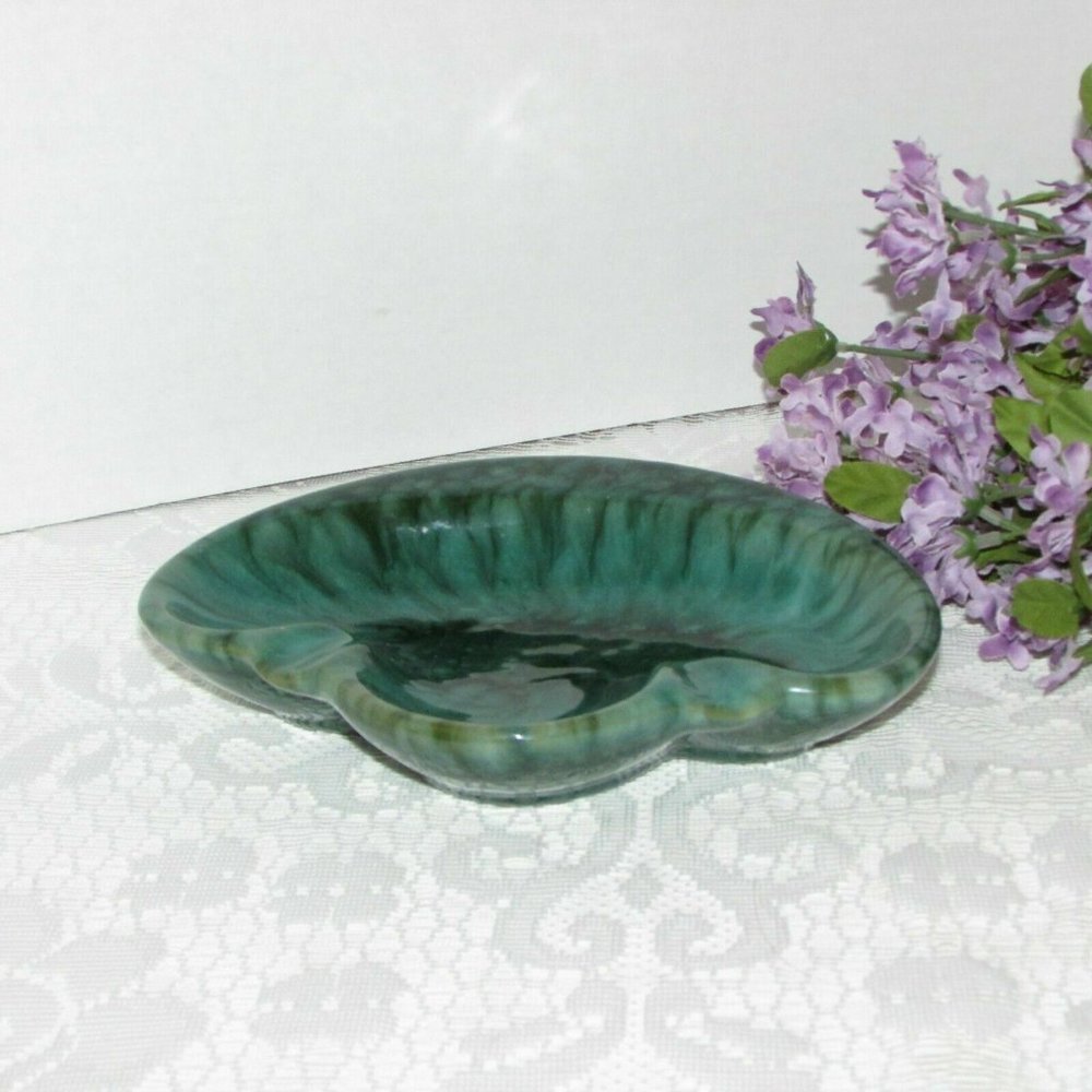 MID-CENTURY ART POTTERY Ashtray Blue Green Drip Glaze - Picture 4 of 8